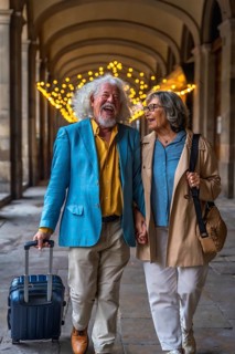Happy senior couple walking hand in hand through a european arcade, laughing and pulling a suitcase