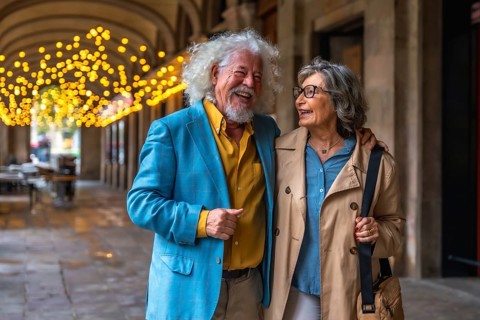 Senior couple strolling arm in arm through an arched city passage, smiling and laughing under