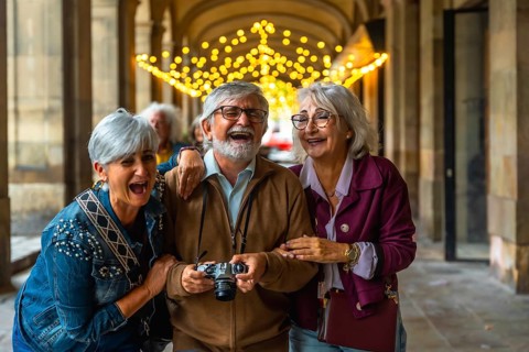 Group of happy senior friends enjoying a vacation together, laughing and having a good time while