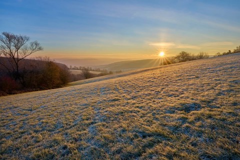 A sunny, frosty morning with a view of a hilly landscape, Seckmauern, Lützelbach, Maintal,
