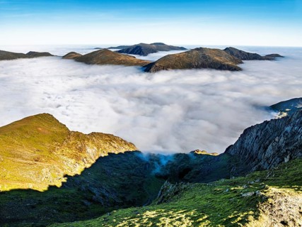 Snowdon Massif from a drone, Snowdon Range, Snowdonia, North Wales, UK