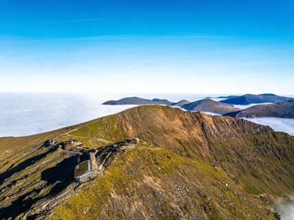 Snowdon and Snowdon Massif from a drone, Snowdon Range, Snowdonia, North Wales, UK