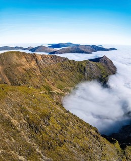 Snowdon Massif from a drone, Snowdon Range, Snowdonia, North Wales, UK