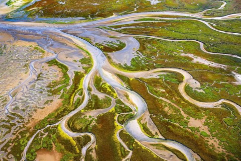 Aerial view of the Eastern Risian island of Memmert in the Lower Saxony Wadden Sea National Park,