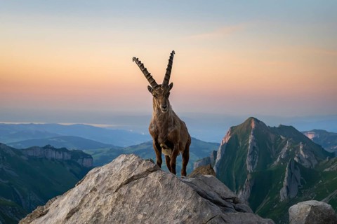 Steinbock (Capra ibex) in front of mountain panorama, male, Alpstein, Appenzell, Switzerland