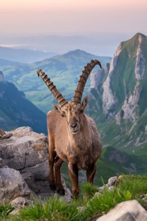 Steinbock (Capra ibex) in front of mountain panorama, male, Alpstein, Appenzell, Switzerland