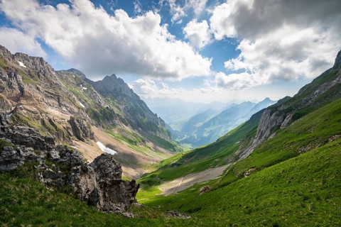 View from the Rotstein Pass in Alpstein to the Churfirsten, Appenzell, Switzerland
