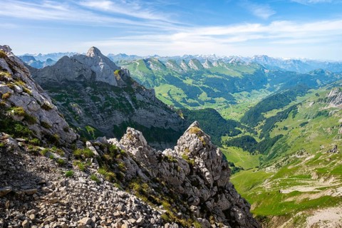 View from Lisengrad into Toggenburg with Churfirsten, Alpstein, Appenzell, Switzerland