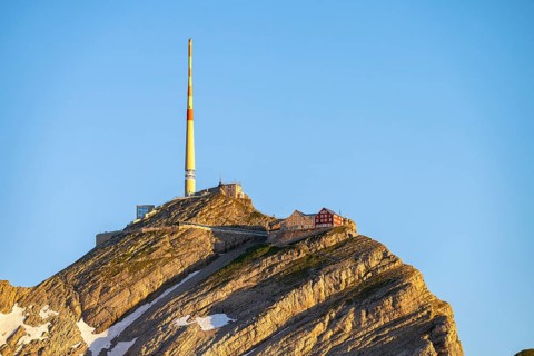Summit of Säntis with Berggasthof Alter Säntis, Alpstein, Appenzell, Switzerland