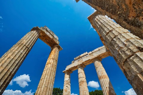 View of ancient ruins and columns in Greece, Nemea, Ancient Zeus Church, Archaeological Site,