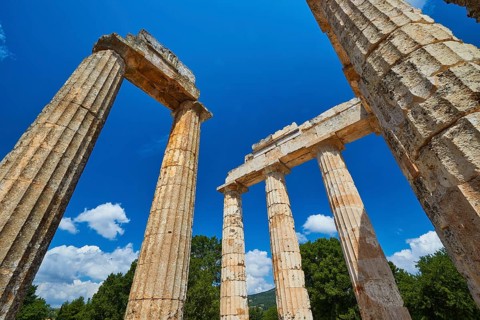 Ancient columns and ruins under blue sky, Nemea, Ancient Zeus Church, Archaeological Site,