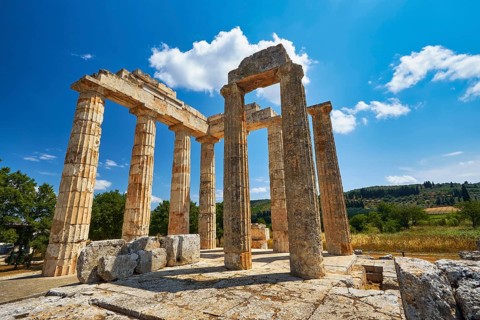 Ancient ruins and columns in a green landscape, Nemea, Ancient Zeus Church, Archaeological Site,