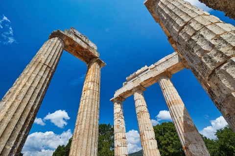 View of ancient columns and ruins with clear skies, Nemea, Ancient Zeus Heightum, Archaeological