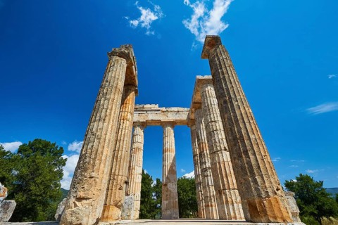 Ancient Greek Columns and Ruins Under Clear Skies, Nemea, Ancient Zeus Heightum, Archaeological