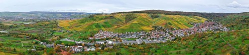 Panoramic view of an autumn-colored wine village surrounded by green hills and colorful vineyards,