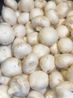 Fresh mushrooms in bowl with cling film with small air holes on display from retailer grocery