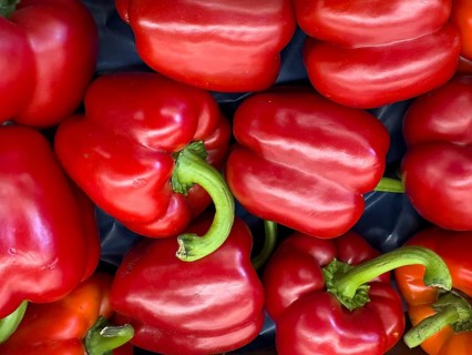 Whole red pepper Italian pepperoni displayed by greengrocers, international