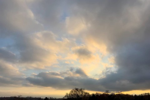 Sky over forest edge at dusk in the middle of clouds Cumulus fractus right and below gray