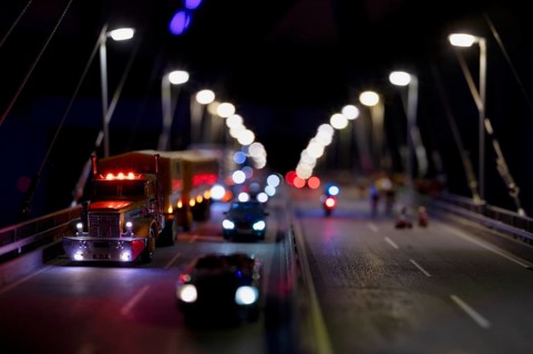 Interior view, replica of Köhlbrand Bridge in Hamburg, cars crossing bridge, miniature