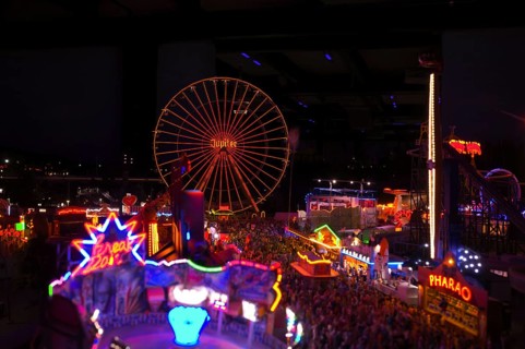 Interior view, night view, replica of a funfair, Ferris wheel, folk festival, rides, miniature