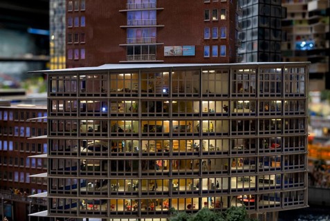 Interior view, replica of an office building in Monaco, miniature picture, night view, Miniature