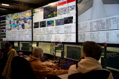 Interior view, control center, central control panel with screens, monitors, Miniatur Wunderland,