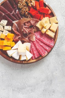 Assortment of cheese meat cuts, on a plate, top view, no people