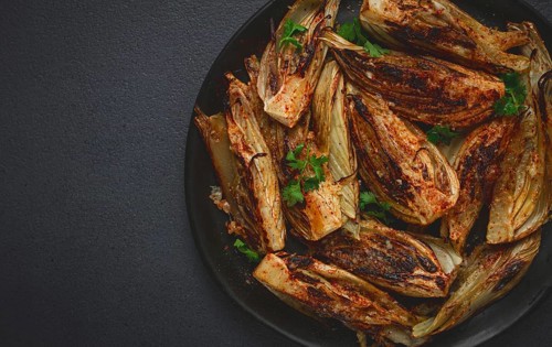 Baked, oven-baked fennel, with spices, in olive oil, homemade, no people