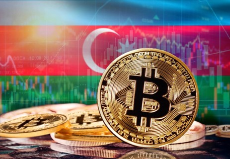 Bitcoin with Azerbaijan flag in the background. Investors in cryptocurrency and Blockchain