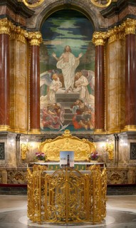 Interior view, celebration altar, choir, altar, main evangelical church of St. Michaelis, Michel