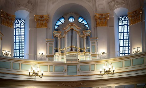 Interior view, brochure of the Steinmeyer organ in the west gallery, main evangelical church of St.