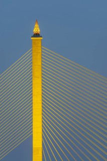 The illuminated Rama VIII Bridge, a cable-stayed bridge across Mae Nam Chao Praya, Bangkok,