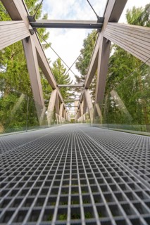 Architecturally impressive metal and wood bridge with glass railing against a wooded background,