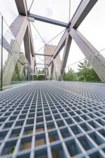 Modern steel bridge photographed from below, forest in the background, Ruhestein National Park