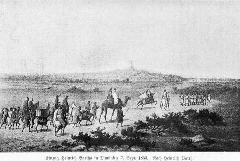 Entry of German explorer Heinrich Barth into Tumbuktu on September 7, 1853, southern Sahara rim,