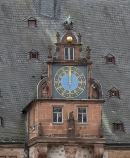 Clock with rooster at the town hall, Marburg, Hesse, Germany
