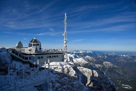 View of the mountain station of the Zugspitz cable car, Austrian side, Ehrwald municipality, Reutte
