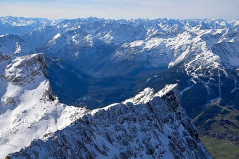 View of the Tyrolean Alps from the mountain station of the Zugspitz cable car, Austrian side,