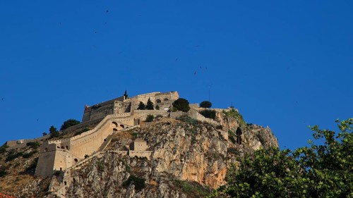 Palamidi fortress, stone castle in rocky surroundings under a clear sky, Nauplion, Nafplion,