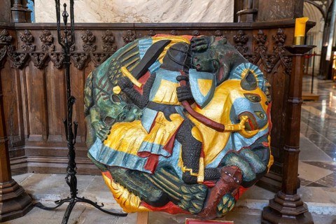 Replica roof boss inside Exeter cathedral church, Exeter, Devon, England, UK