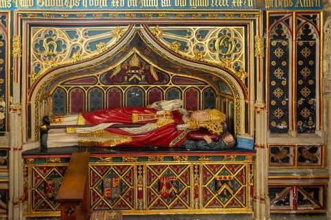 Memorial tomb effigy Bishop Hugh Oldham died 1519, Exeter cathedral church, Exeter, Devon, England,