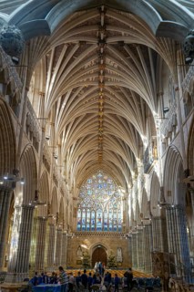 View to west window, vaulted ribbed ceiling inside Exeter cathedral church, Exeter, Devon, England,