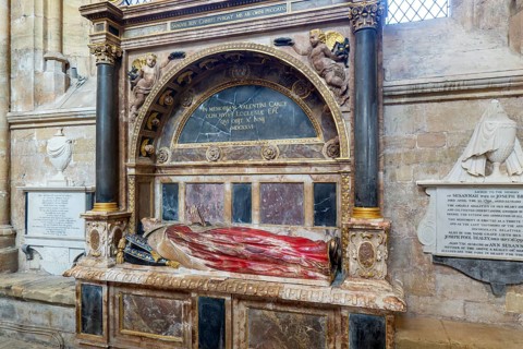 Memorial tomb effigy Bishop Valentine Carey died 1626, Exeter cathedral church, Exeter, Devon,