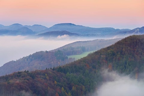 View from the Gisliflue of the Jura foothills covered in fog, in the light of dawn, Talheim,