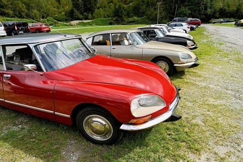 A group of parked vintage Citroën DS cars, classics with aerodynamic design, Chamonix-Mont-Blanc,