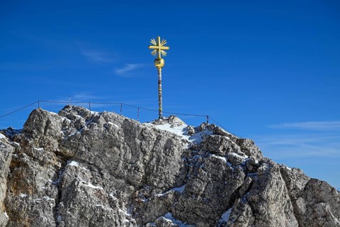 Zugspitze summit cross (2962 m), Grainau municipality, Garmisch-Partenkirchen district, Bavaria,