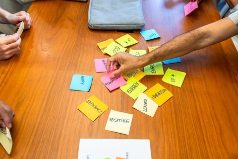 Business team gathered around wooden table arranging colorful sticky notes labeled planning.