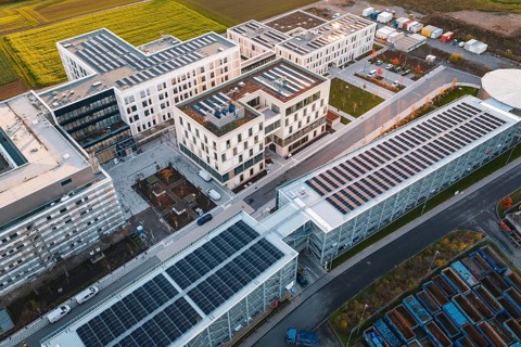 Overview of a modern office complex with solar systems and sustainable design, new hospital, Calw