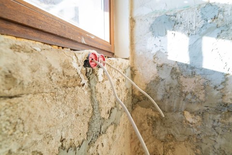 Cables hang loose from an unfinished wall, next to windows during renovation