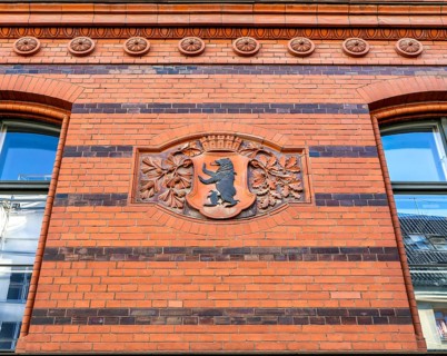Historic building façade of the former polyclinic, now Humboldt University in Berlin, Ziegelstraße